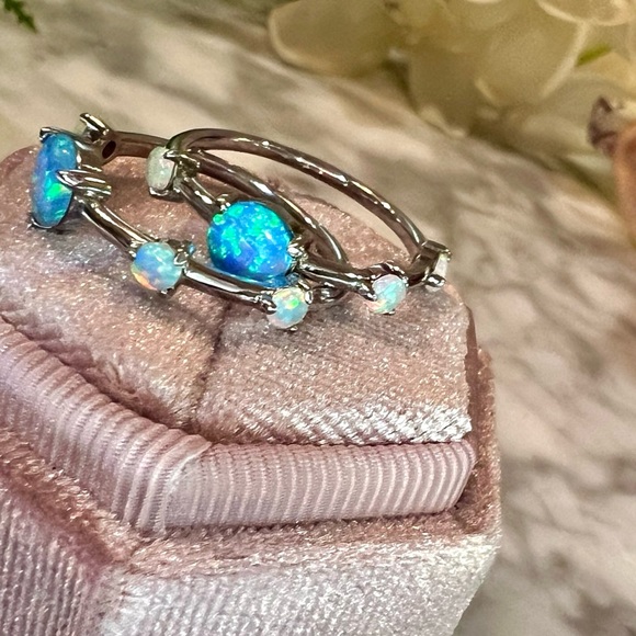 New!Blue and white Opal ring stacking set of 2. Set in solid 925 Sterling Silver - Picture 11 of 17